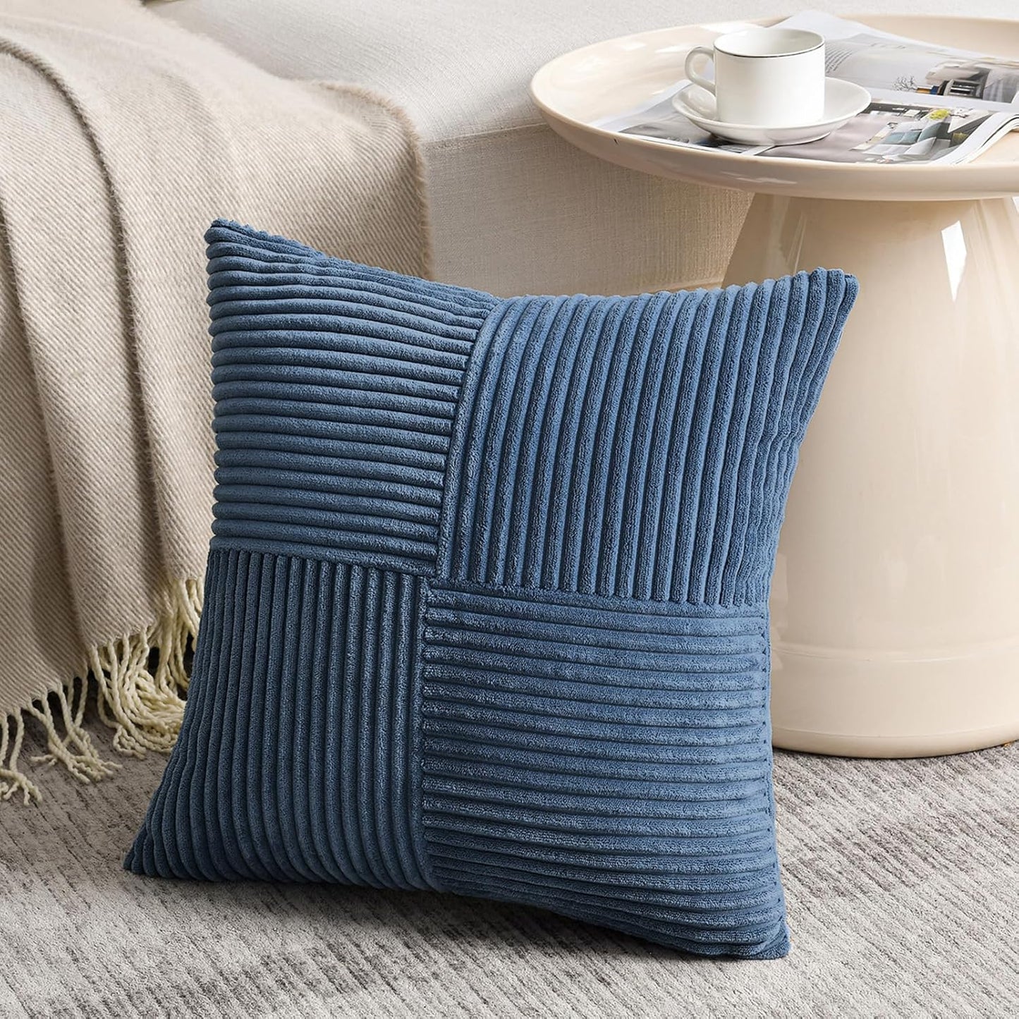 Fancy Homi 2 Packs Dusty Blue Euro Decorative Throw Pillow Covers 28x28 Inch for Couch Bed, Rustic Farmhouse Boho Home Decor, Soft Corss Corduroy Patchwork Textured Square Cushion Case 71x71 cm