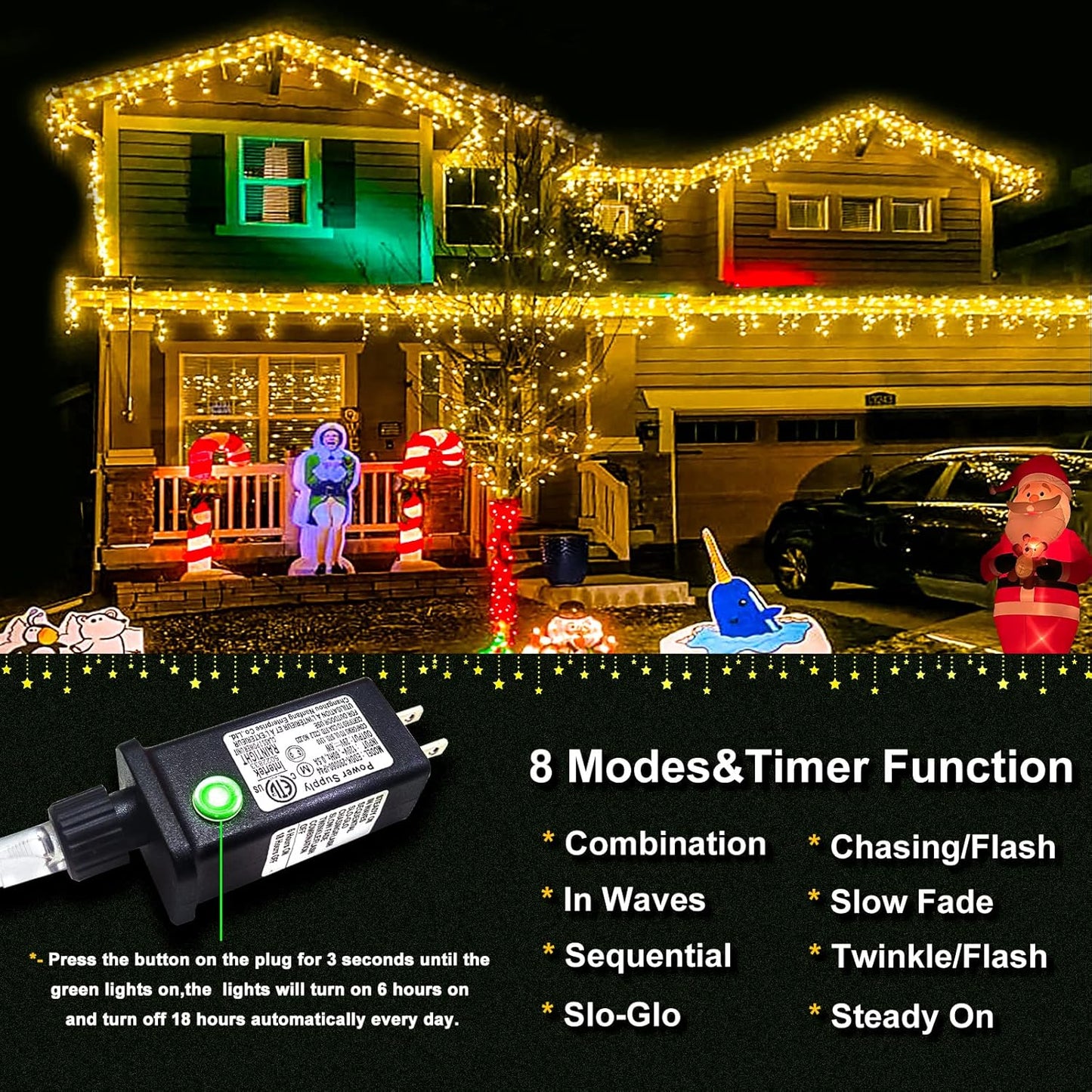 Icicle Lights for Outside 33ft 400 LED Icicle Christmas Lights Outdoor 8 Modes with 75 Drops, Plug in Christmas Light Waterproof for Indoor Holiday Wedding Xmas Decorations, Warm White