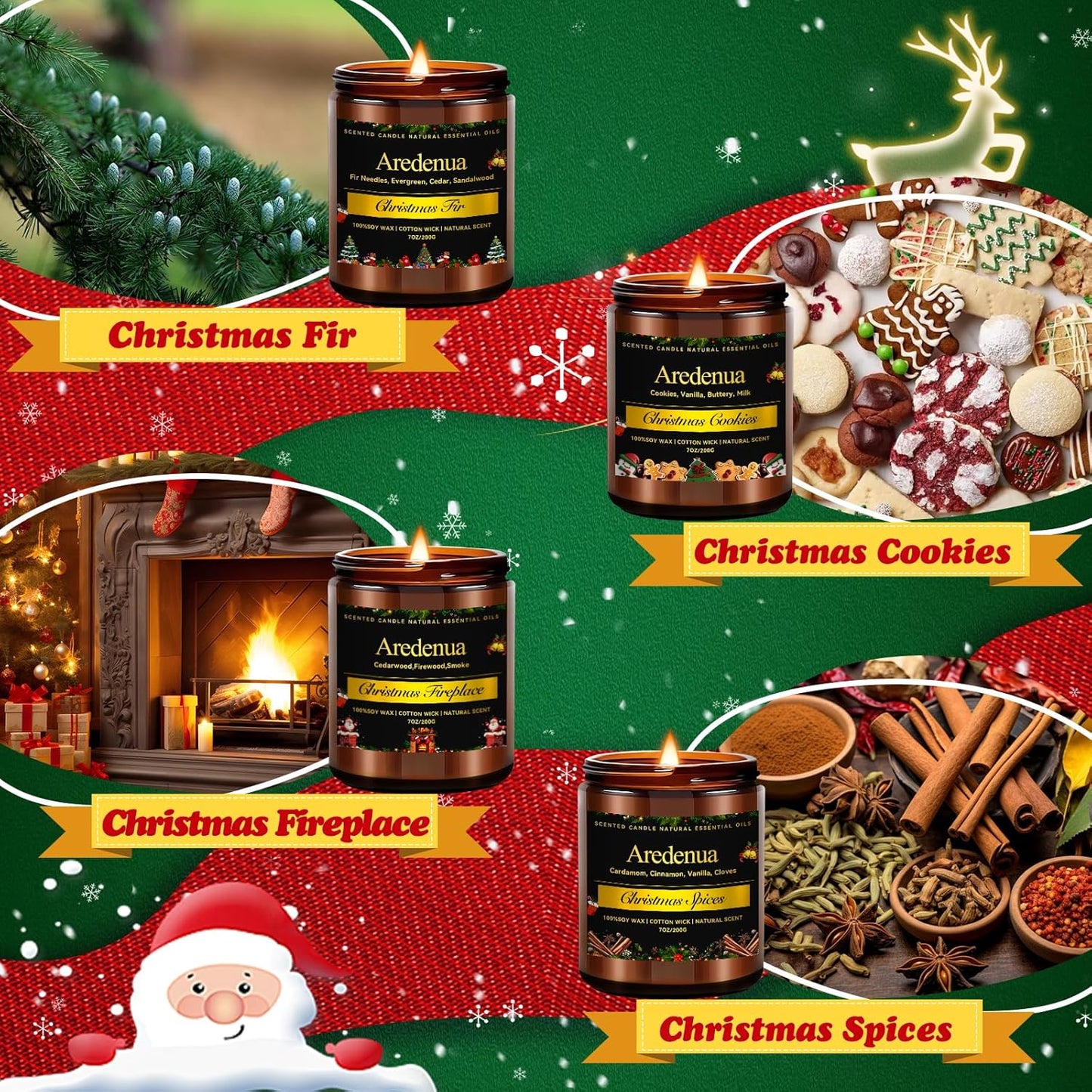Christmas Candles Set | 4 Pack Winter Holiday Scented Candles, Soy Candles for Home Scented - Xmas Candle Gifts for Women and Men - Scents of Christmas Fir/Spices/Cookies/Fireplace