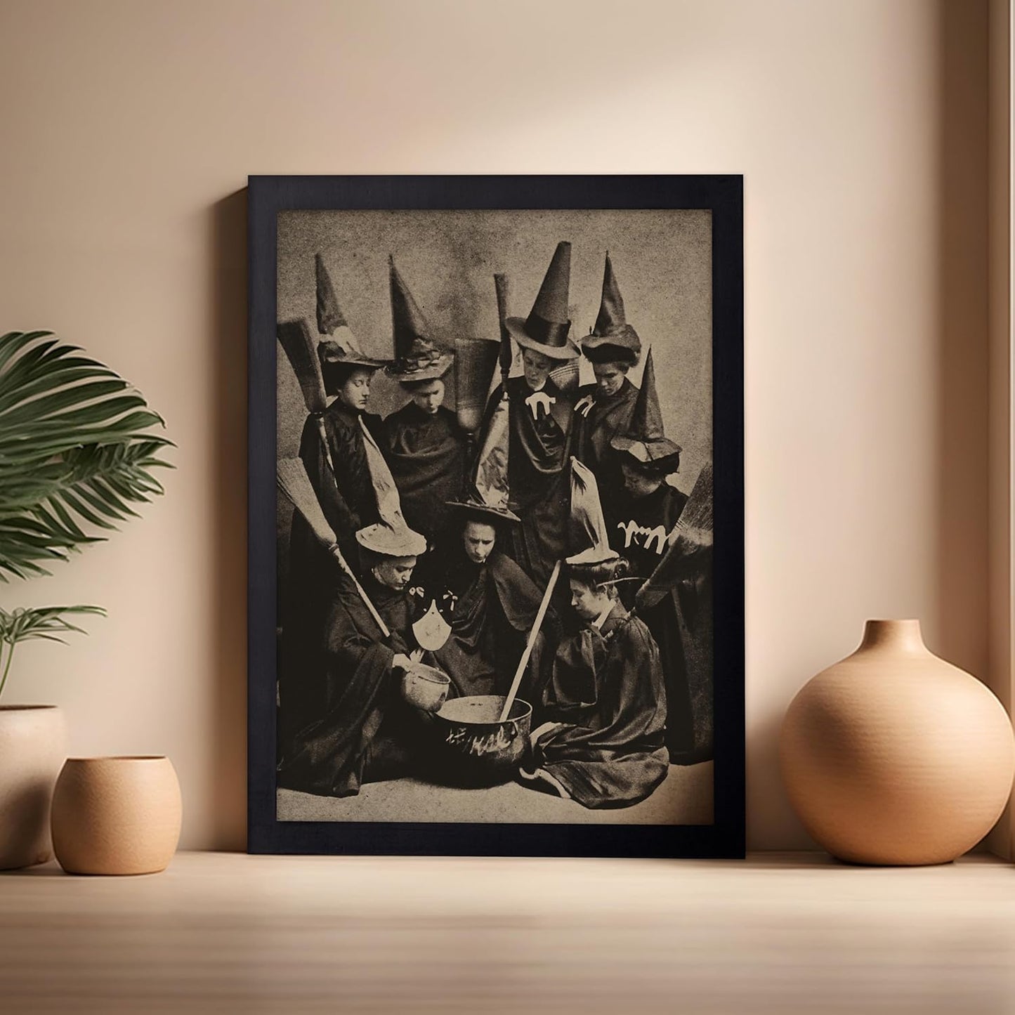 Poster Master Vintage Photograph Poster - Retro Halloween Print - Gift for Artist, Friend - Witches Cooking, Pointy Hats, Broomsticks, Black Magic - Wall Decor for Bedroom, 16x20 Black Framed