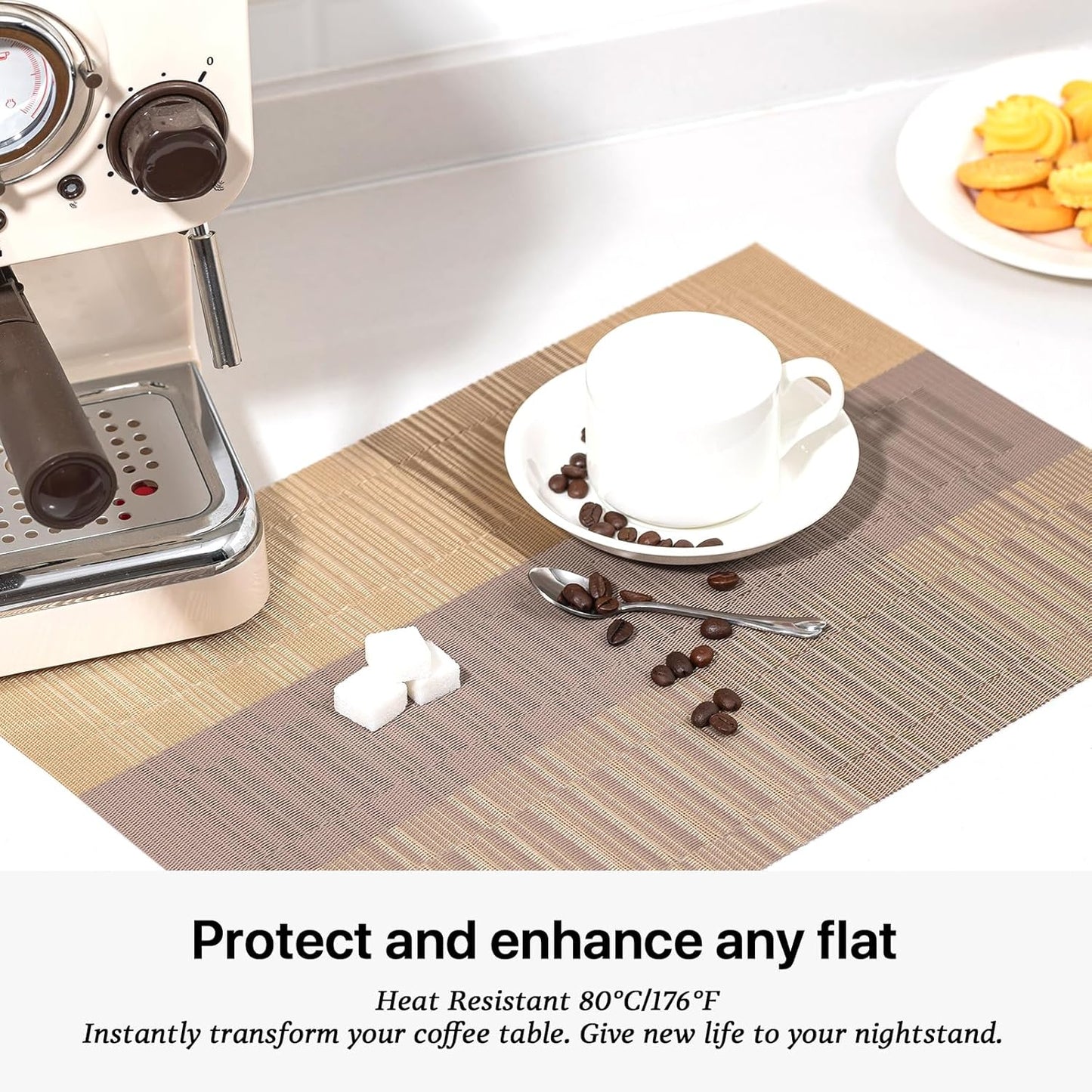 LEXMORE Placemats Set of 6 Vinyl/Plastic Woven Place Mats for Kitchen Table Indoor/Outdoor Washable Placemat Wipeable Dining Table Mats(Gold Dune)