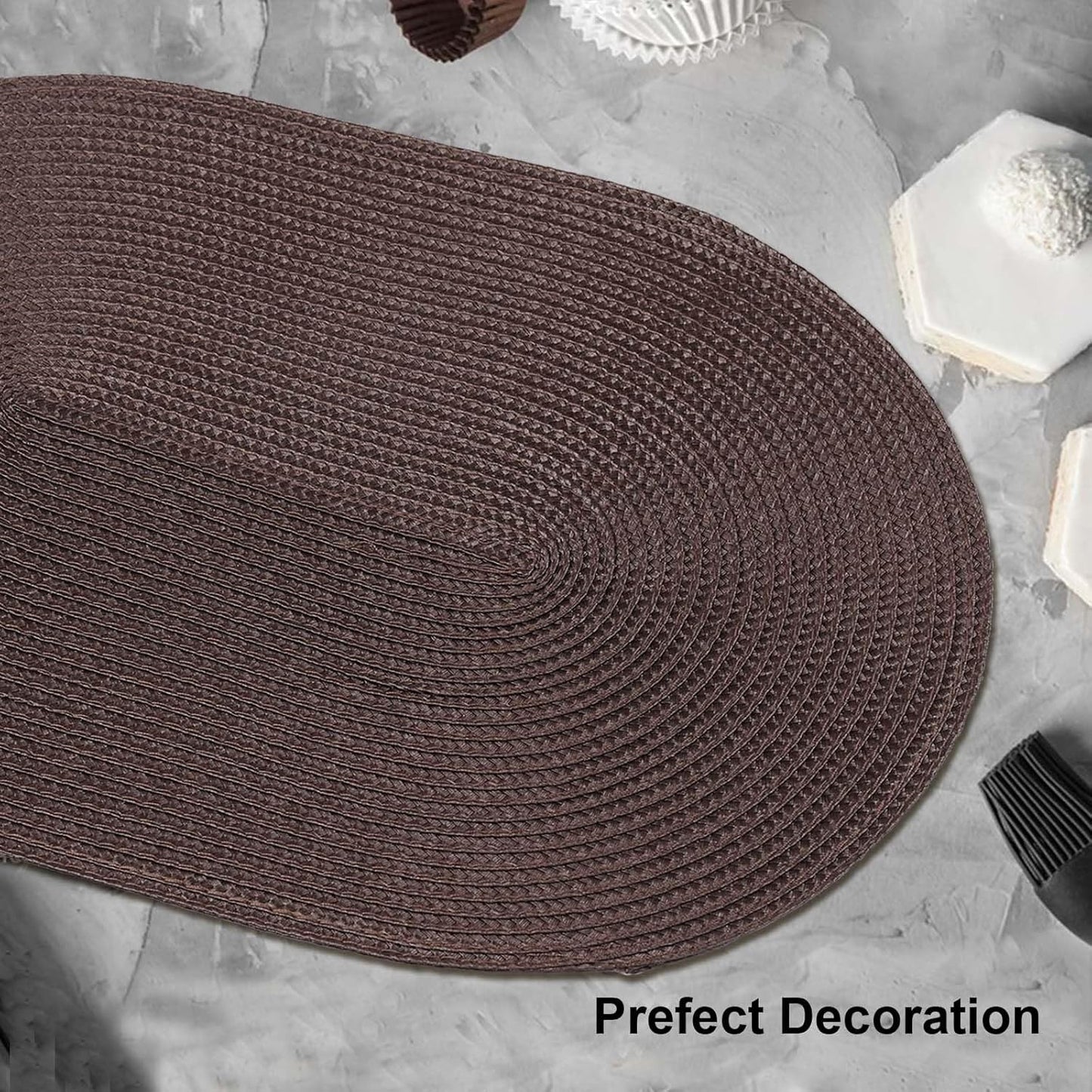 AHHFSMEI Placemats Set of 6 for Dining Table Washable Woven Vinyl Non-Slip 18x12 inches Placemat Heat-Resistant Durable Table Mats for Dining Table Easy to Clean (Oval Brown, 6)