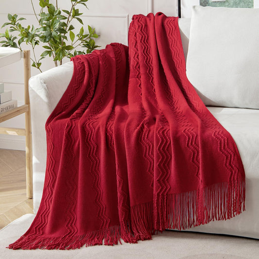 MIULEE Burgundy Red Knitted Throw Blanket for Couch Boho Textured Cozy Woven Blanket with Tassels for Sofa Chair Bed Living Room Acrylic Wave Pattern 50"x60"