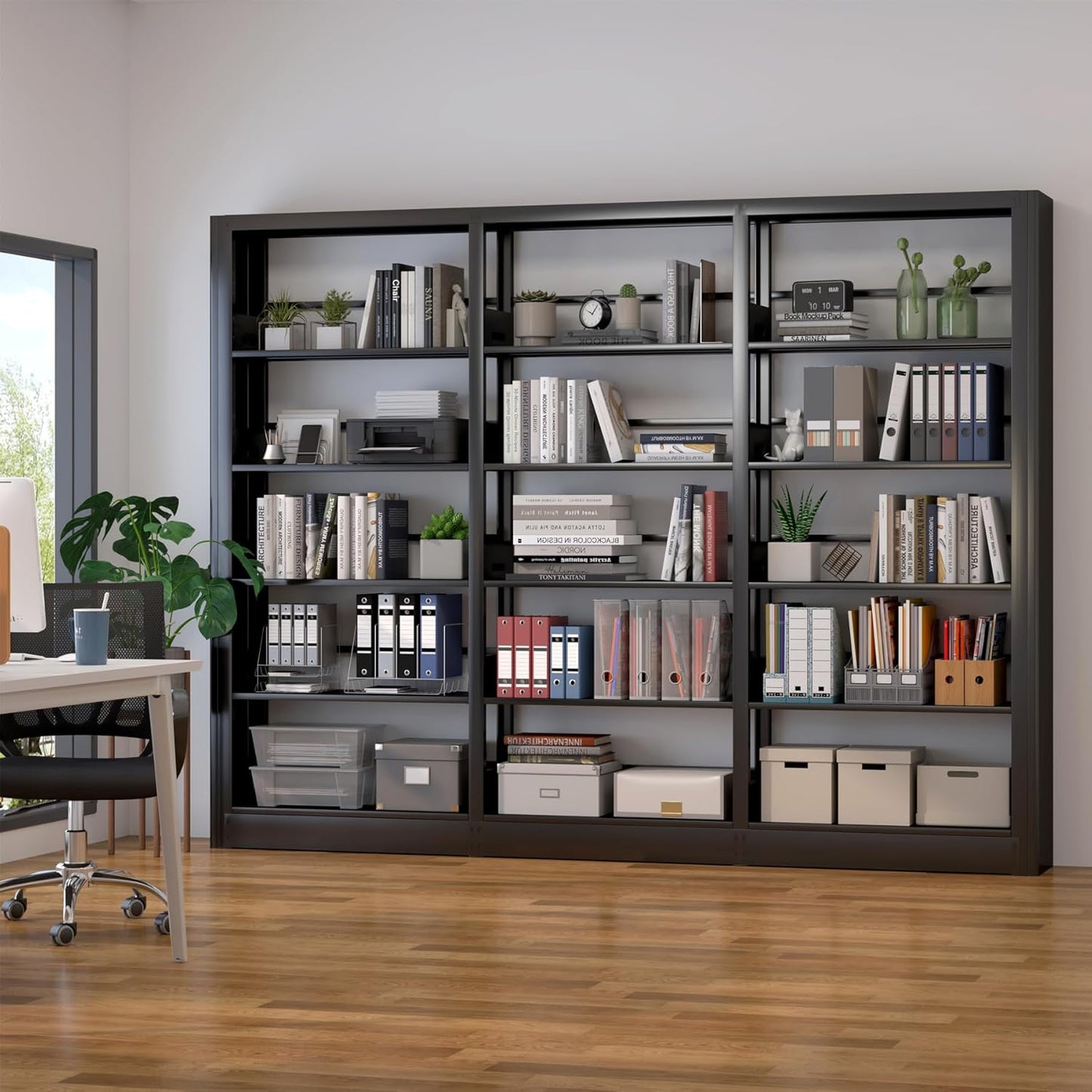 5-Tier Industrial Bookshelf, Black Bookcases and Bookshelves,Tall Metal Book Shelf Storage Organizer, Freestanding Bookshelf for Living Room,Home Office (Black, Shelf-3)