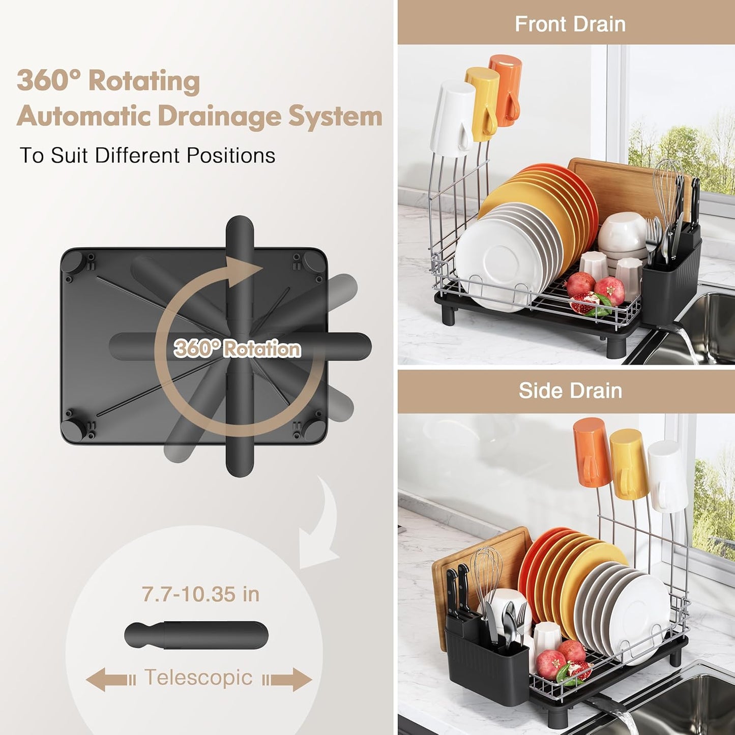 BOOSINY Stainless Steel Dish Drainers Drying Rack for Kitchen Counter with Automatic Drainage, 1 Tier Rust Proof Metal, Space Saving, Modern Aesthetic, Compact Plates Strainers,Gray