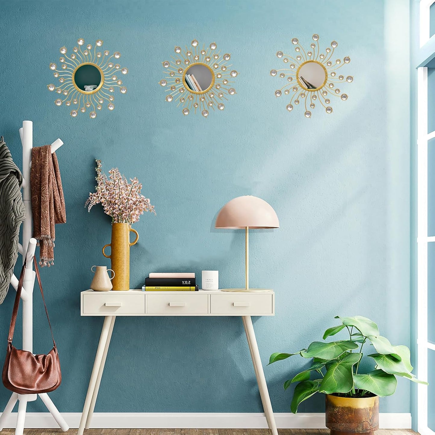 Mirror Wall Decor Wall Mirrors Decorative Sunburst Boho Mirror Gold Mirror Wall Art Metal Decor Mirror Hanging Living Room Bedroom Bathroom Set of 3