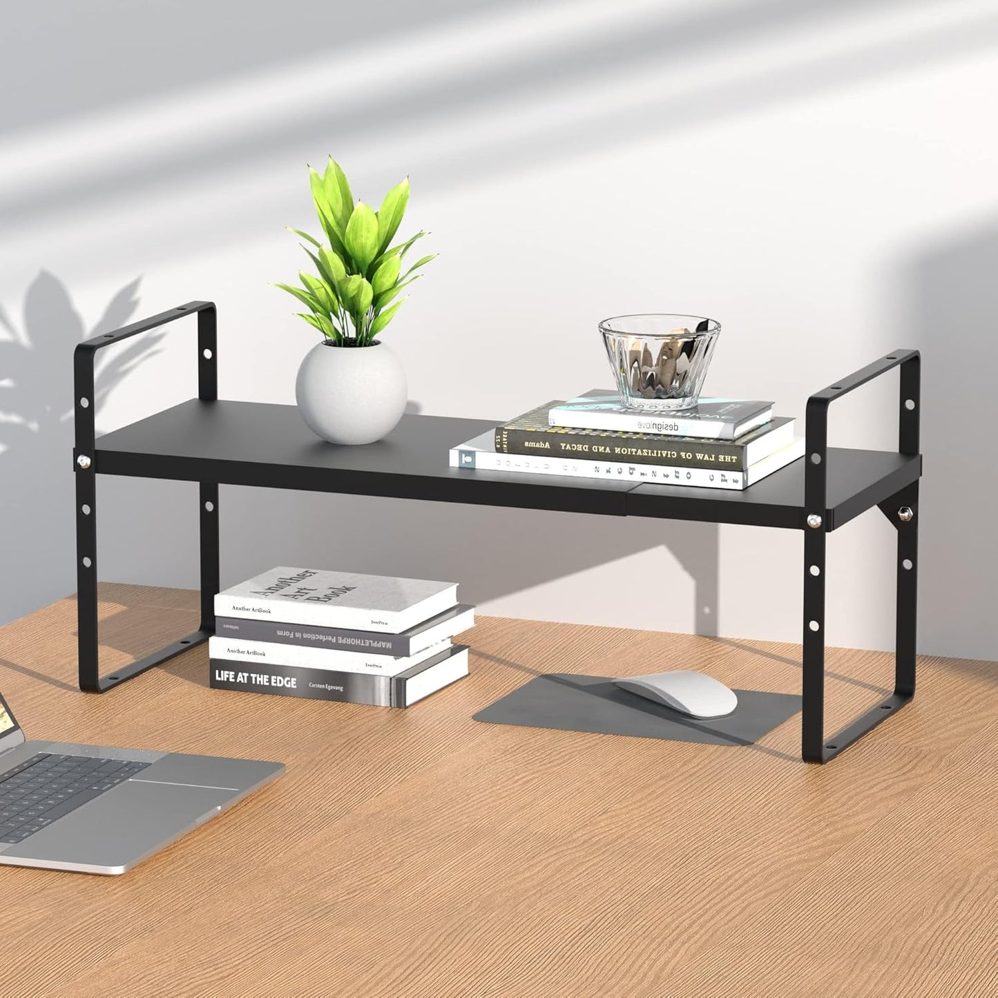 iPEGTOP Expandable Cabinet Storage Shelf Organizer Rack, Heavy Duty Steel Metal Spice Rack Adjustable Height Home Office Garage Pantry Shelves for Counter Kitchen Organization, Black, 2 Pack