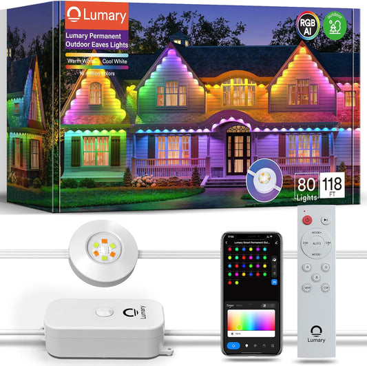 Lumary Smart Permanent Outdoor Lights Pro, 105ft with 80LED 50lm RGBAICW Eave Lights, IP67 Waterproof, Multi Scenes for Daily and Accent Lighting Decor, Work with Alexa, Google, APP, Remote Control