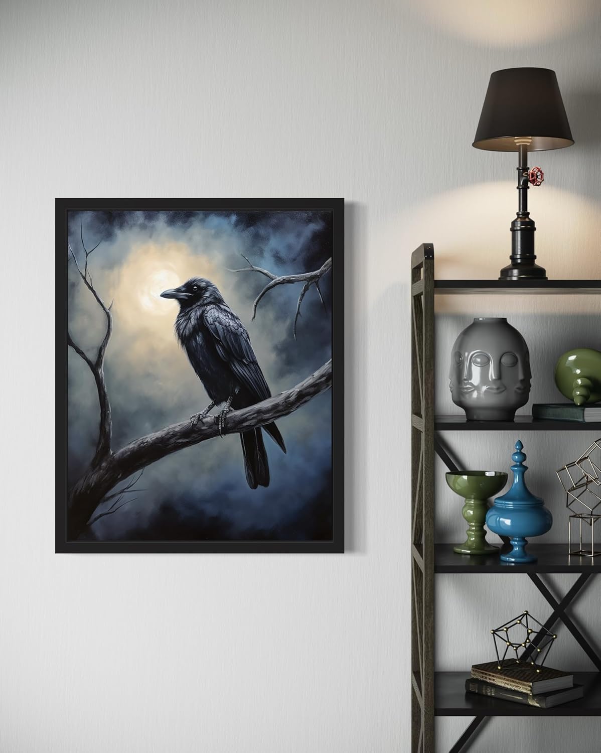 Crow under the Moonlight Poster Art Print, Halloween Scary Vintage Wall Art Academia Spooky Painting Decoration for Horror Prints, Gothic Posters Bedroom Decor 89 (Crow under the Moonlight, 11 x 14 inches, Black Frame)