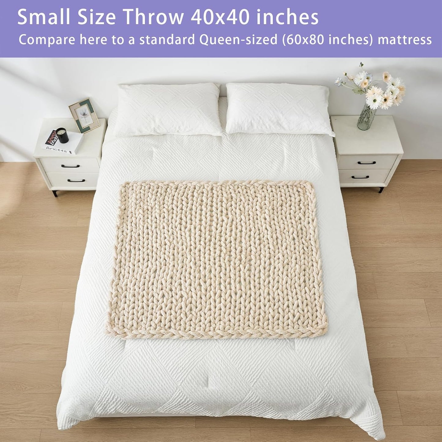 Bigacogo Chunky Knit Throw Blanket for Couch, 40x40 inches, 100% Hand Knitted with Thick Jumbo Chenille Yarn, Cozy Soft Large Rope Knot Cable Crochet Blankets for Sofa Bed Living Room, Beige