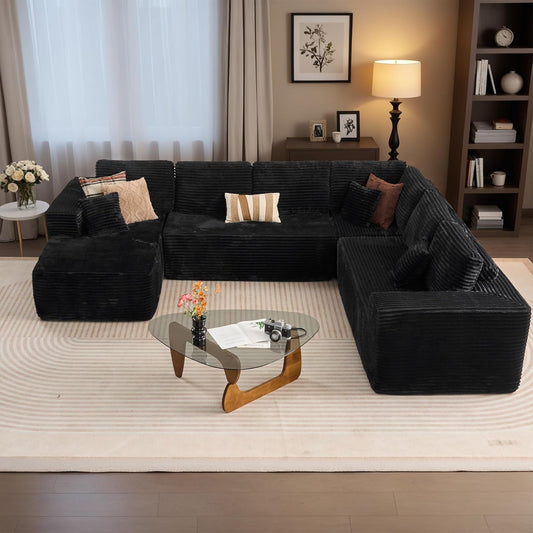 HOOOWOOO Cloud Sectional Couches for Living Room,Modular Sectional Sofa No Assembly,133X108 Inch Plush Corduroy Large U Shaped Floor Couch Set with Deep Seat Left Chaise(Black)