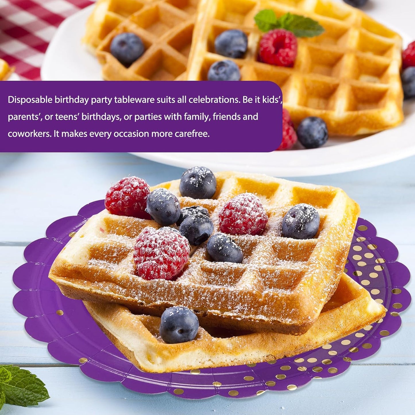 50PCS Purple Paper Plates, 7 Inch Scalloped Purple and Gold Party Plates Disposable Foil Polka Dots Dessert Plate Cake Plate for Wedding Baby Shower Birthday Anniversary Bachelorette Dinner BBQ