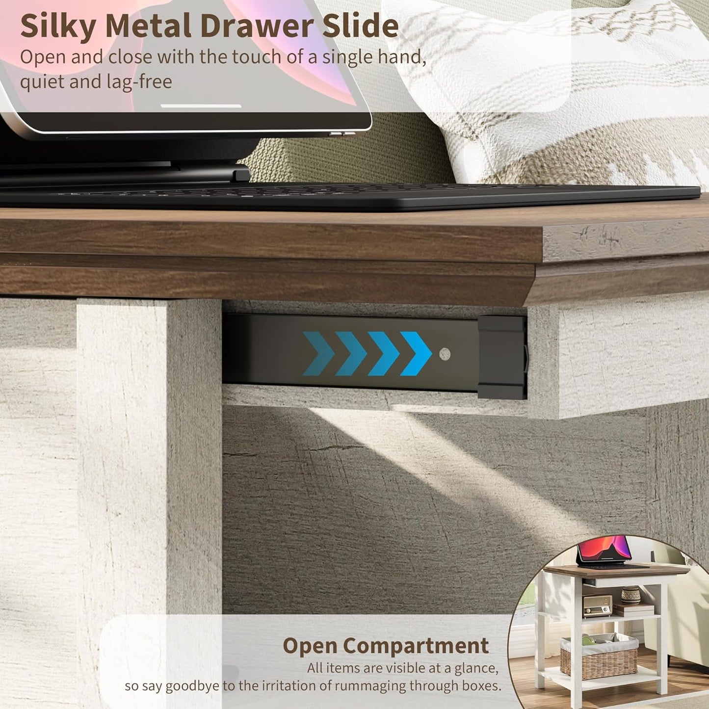 Rresyet Sliding Side Table with Charging Station & 2-Tier Storage,Farmhouse End Table, Wooden Nightstand for Bedroom & Living Room,White