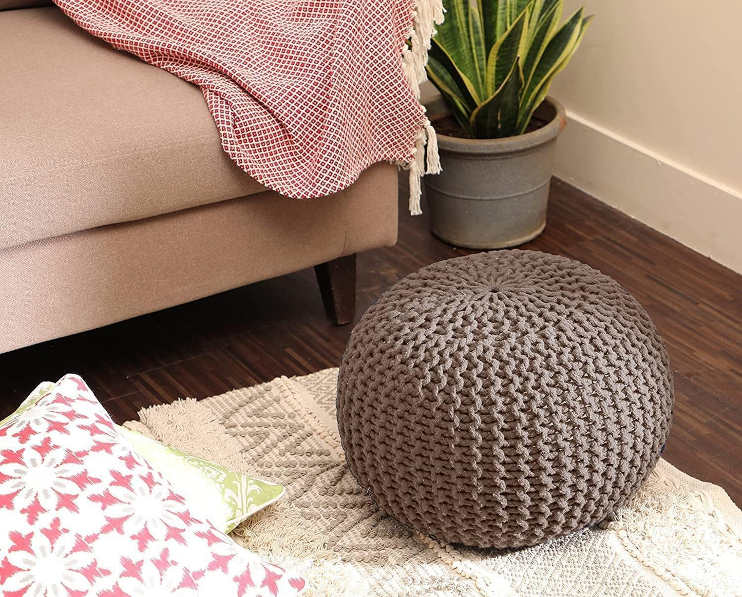 REDEARTH Round Pouf Foot Stool Bean Bag Ottoman - Hand Knitted Boho Pouffe - Home Decor Poof - Stuffed Foot Rest for Living Room - Nursery - Bedroom - Patio (19.5"x19.5"x14") - Taupe
