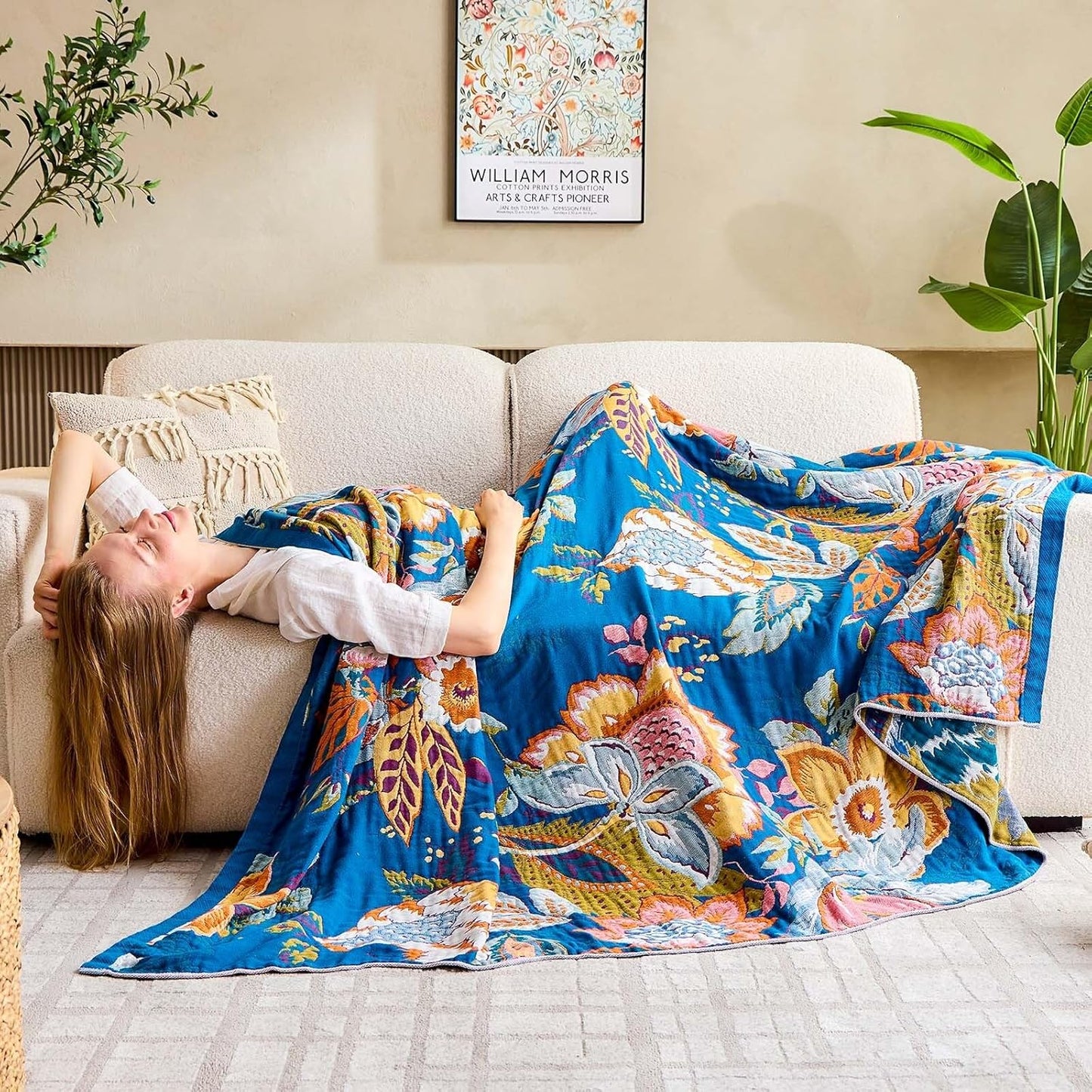 Boho Throw Blanket, Blue Lightweight Blankets for Summer, 100% Cotton Bohemian Decorative Throw Blanket, 80"x90" Reversible Muslin Breathable Woven Farmhouse Blankets Quilt,