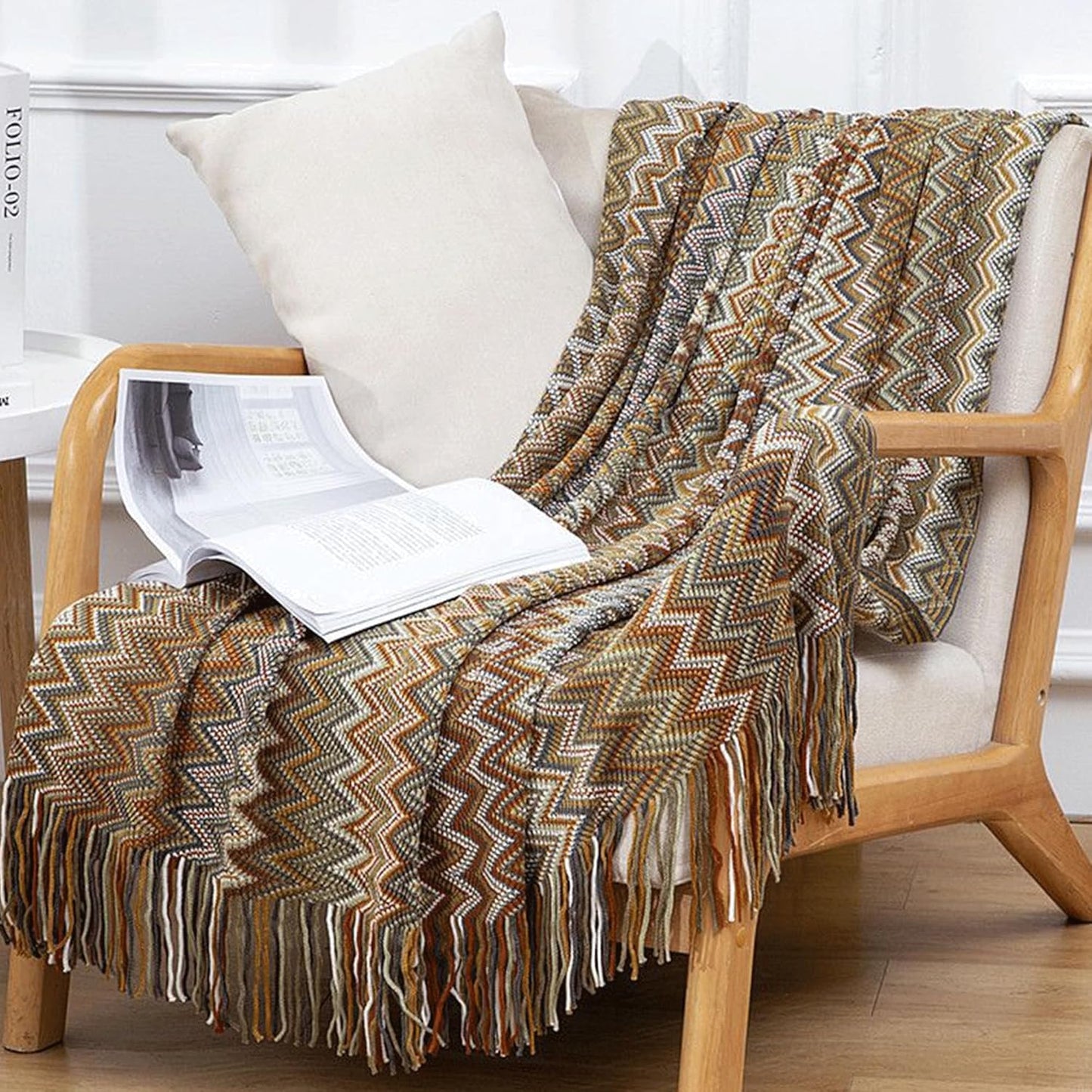 Boho Throw Blanket - Bohemian Fringe Tassels， for Bed Couch Soft ChairBlanket Double Sided (50"x70") (Khaki)