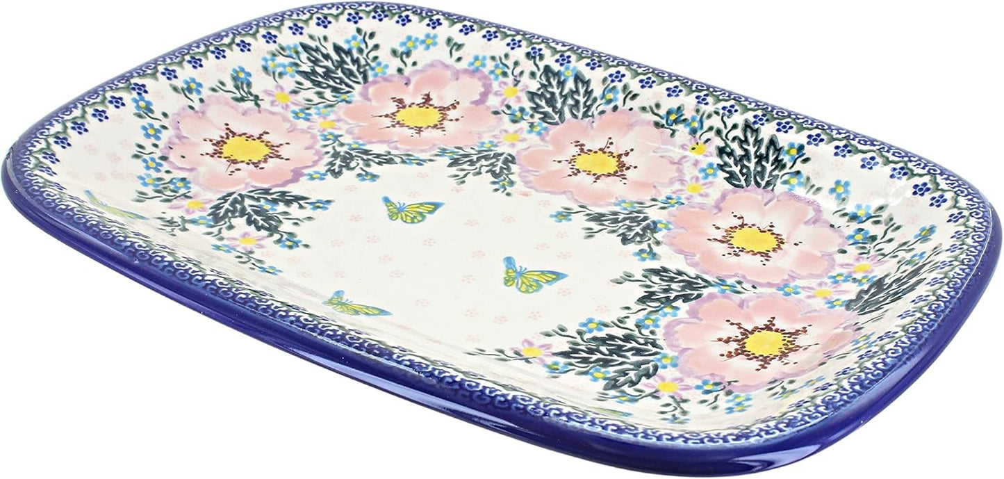 Blue Rose Polish Pottery Apple Blossom Large Rectangular Serving Platter