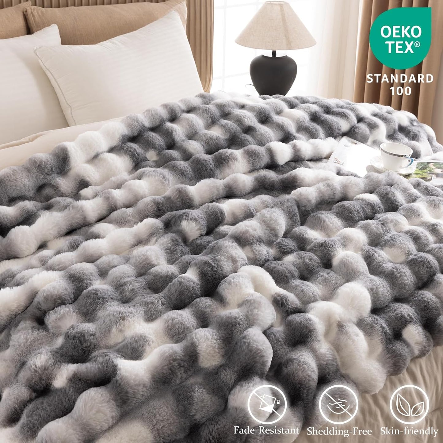 Cozy Faux Fur Throw Blanket for Bed Warm Fuzzy Throw Blanket, Soft Plush Thick Bubble Blankets for Bedroom and Living Room, Furry Luxury Blanket, 60 x 80,Tie-Dye Grey