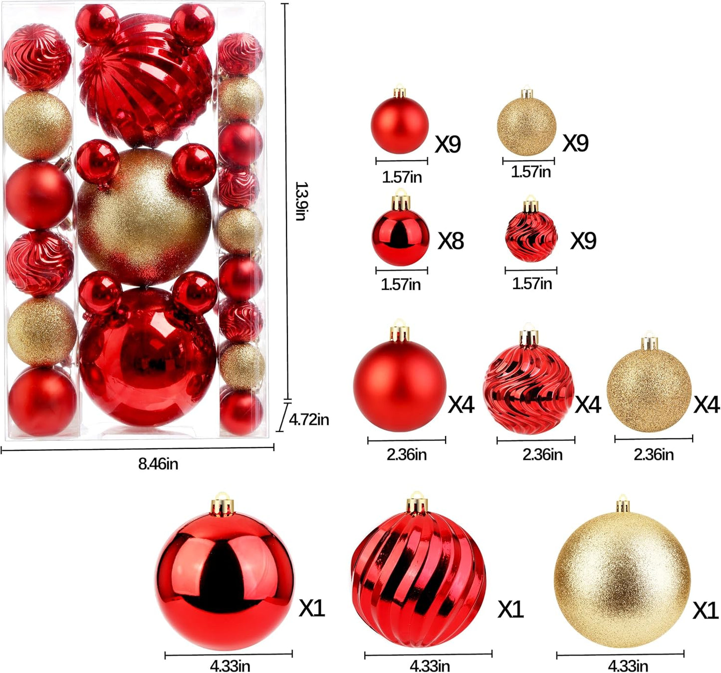 Christmas Ball Ornaments for Xmas Decorations,50 pcs Christmas Extra Large Tree Shatterproof Ornaments-Red&Gold (Combo of 5 Style in 3 Sizes)