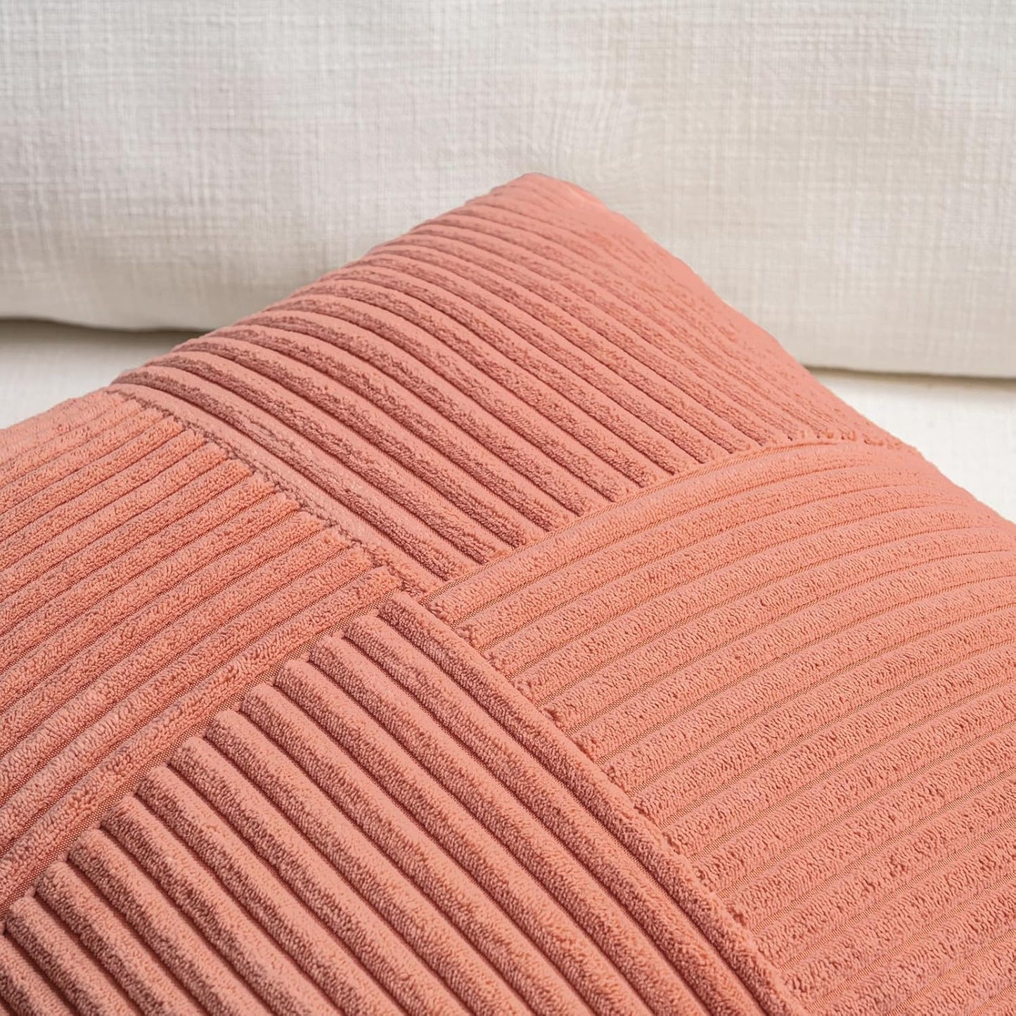 Fancy Homi 2 Packs Coral Long Lumbar Decorative Throw Pillow Covers 12x24 Inch for Couch Bed Sofa, Rustic Farmhouse Boho Home Decor, Soft Striped Corduroy Rectangle Accent Peach Cushion Case 30x60 cm