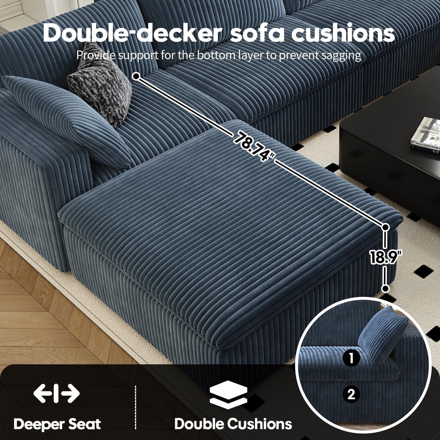 157.5" Cloud Couch Modular Sectional Sofa for Living Room,Modern Sofa with Deep Seat，L-Shape Boneless Couch with Ottoman,Comfy Upholstered Corduroy Couches for Apartment, Studio, Office,Bedroom，Blue