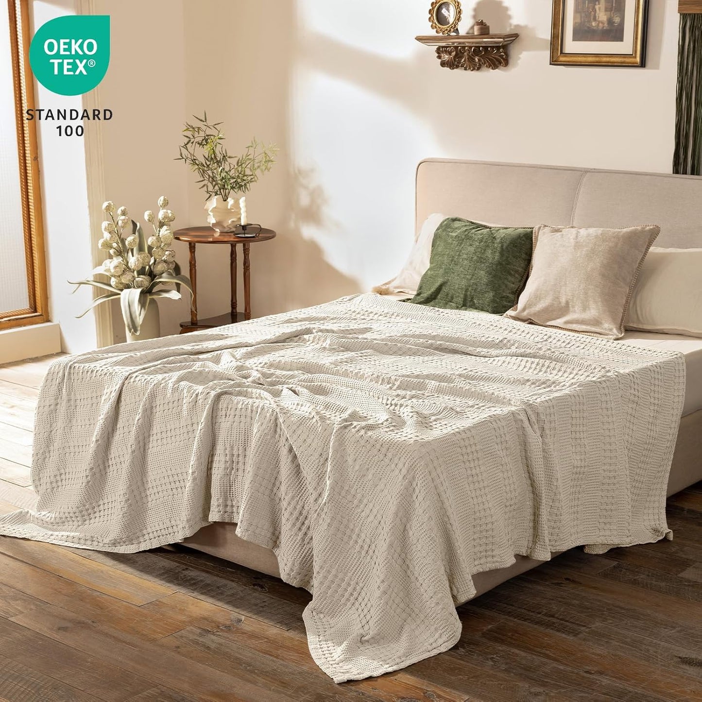 PHF Cooling Waffle Blanket Queen Size, Lightweight 60% Rayon Derived from Bamboo & 40% Cotton Breathable Blanket for Hot Sleepers, Soft and Luxury for Bed Couch and Sofa, 90"x90", Linen