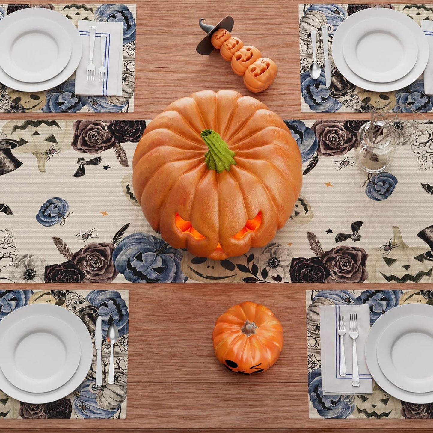 XCHI Spooky Blue Pumpkin Halloween Table Runner Party Table Decoration for Home Kitchen Dining Holiday Decor 13x60 Inch