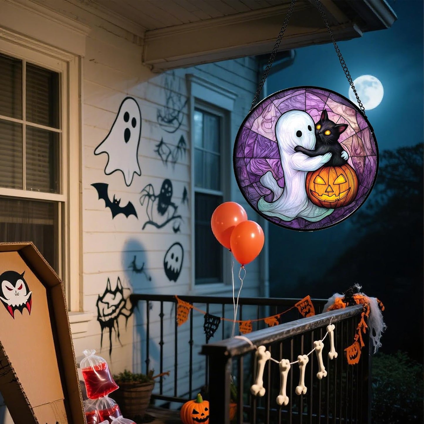 Stained Glass Window Hanging - Halloween Decorations Ghost Black Cat Pumpkin Suncatcher for Door Garden Spooky Purple Sun Catchers Gothic Decor Horror Gifts for Women Men Friend Boy 11.8 in