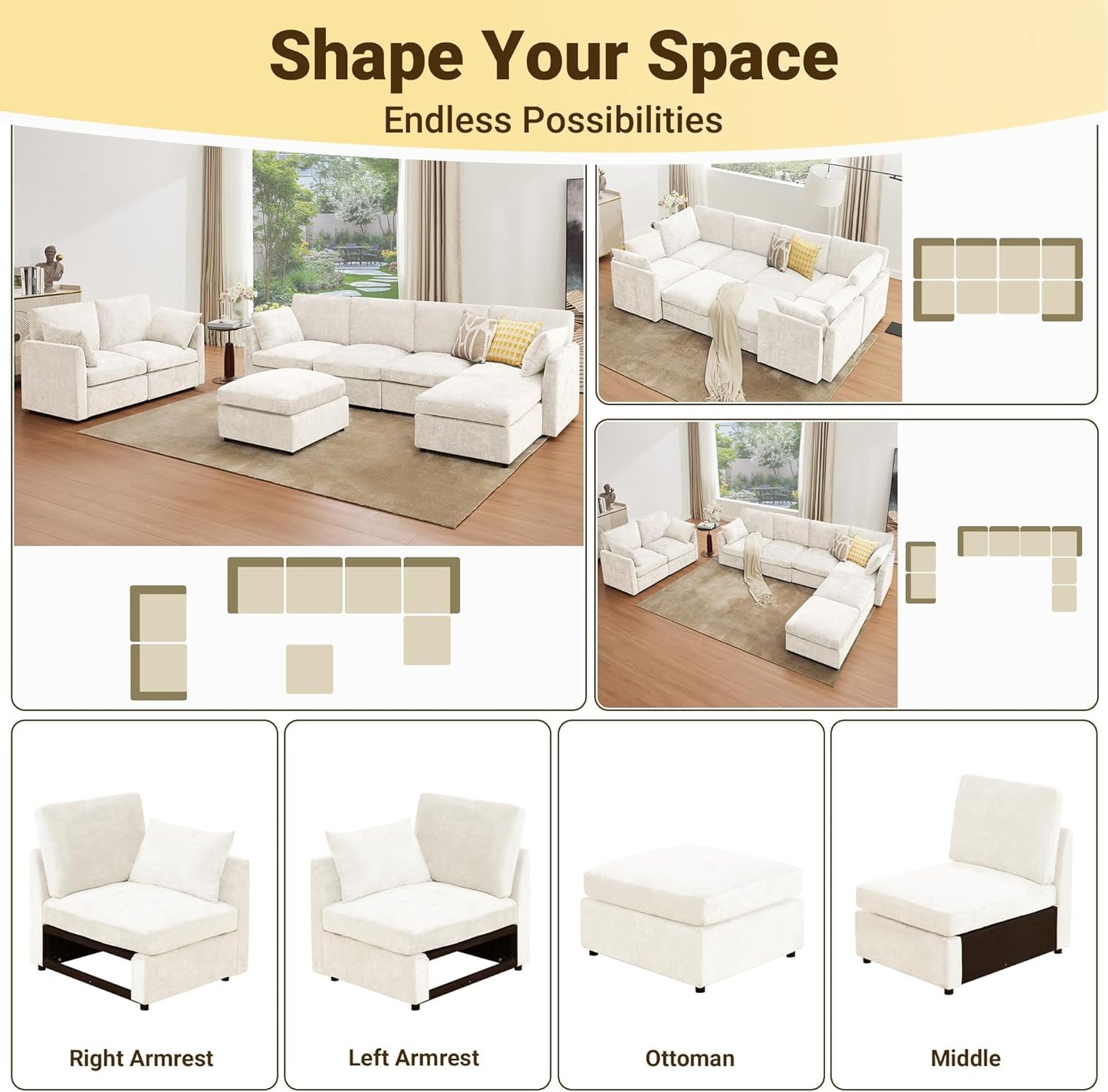 Tbfit U Shaped Couch 8 Seat, Sectional Sofa for Living Room,Chenille Cloud Couch with Ottoman, Beige