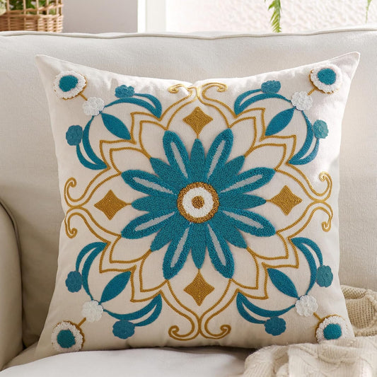 Embroidered Throw Pillow Cover 18x18 Classic Boho Floral Pattern Pillows Cover Outdoor Decorative Pillowcase,Durable Cozy Textured Cushion Case for Sofa Couch Bed Living Room,Teal