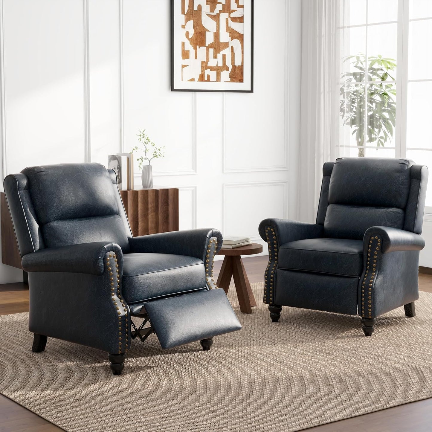 UIXE Faux Leather Recliner Chairs Set of 2, Pushback Armchair Overstuffed Accent Chair for Living Room, Rivet Trim Club Chair Home Theater Bedroom Reading Seat - Navy Blue
