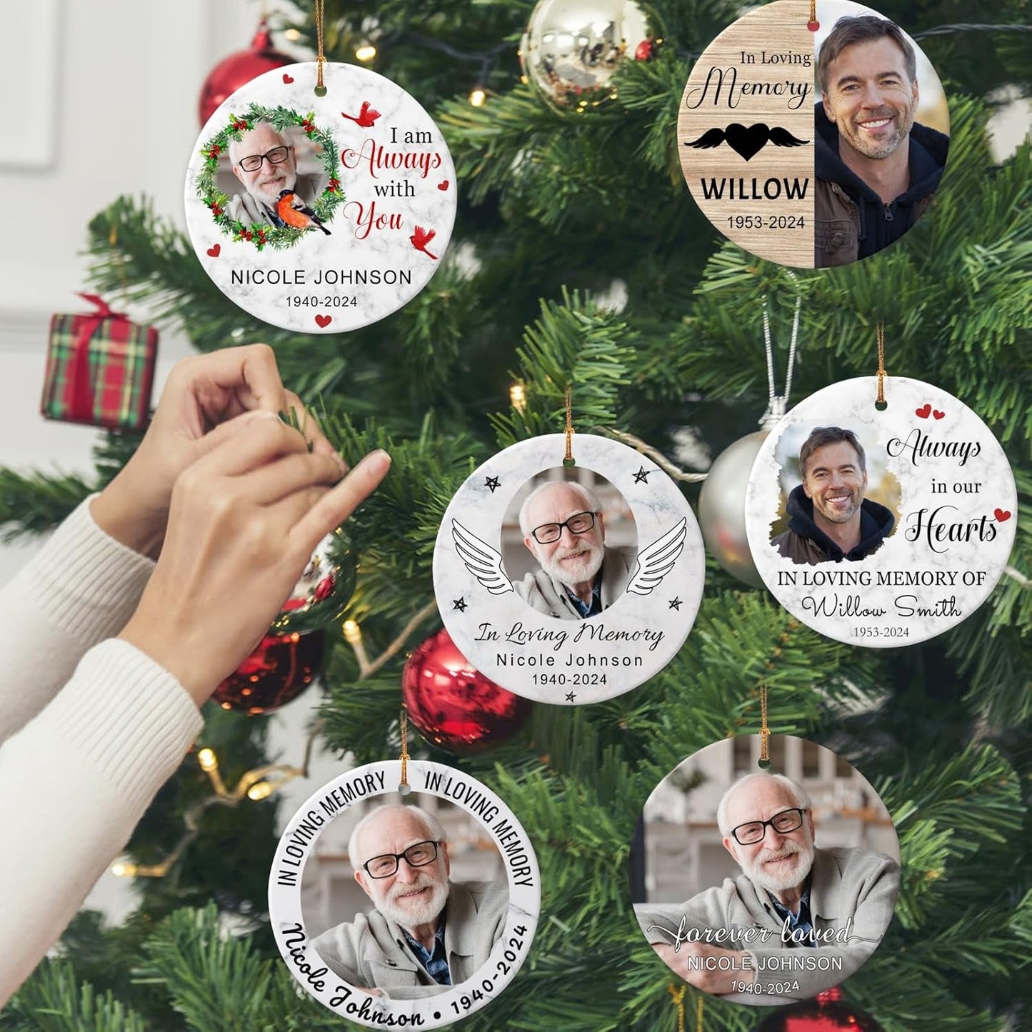 Personalized Memorial Christmas Ornaments 2025 w/Photo & Name, Custom Memorial Gifts for Lost Loved One,Double-Sided Ceramic Customized Xmas Ornaments for Christmas Tree