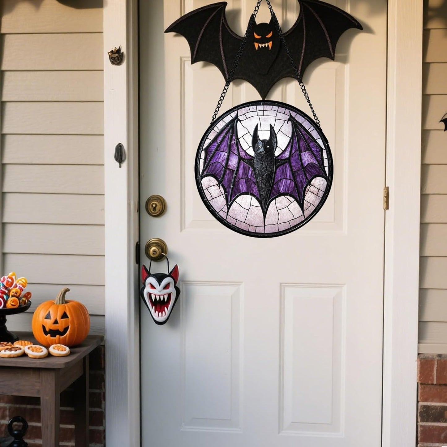 Stained Glass Window Hanging - Halloween Black Bat Purple Wings Monster Suncatcher for Doors Garden Home Spooky Sun Catchers Gothic Decor Horror Gift for Women Men Friend Boy Girl 7.8 in