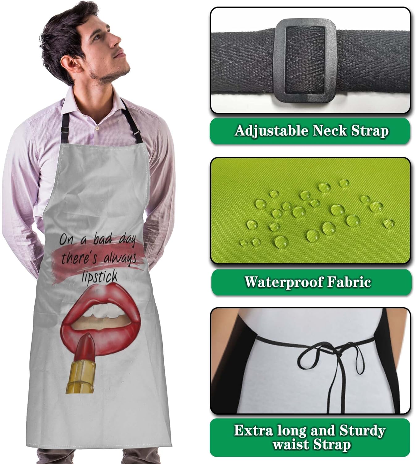 Kitchen Apron for Women Red Lips Quotes on a Bad Day There’s Always Lipstick Funny Aprons for Men for Cooking Restaurant BBQ Painting Crafting Gardening 27” (W) x 31” (H), Waterproof Apron