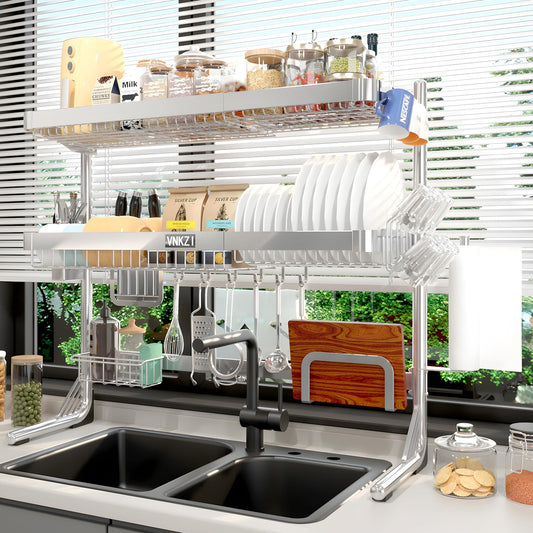 VNKZI Over Sink Dish Drying Rack, 3 Tier Full Stainless Steel Storage Adjustable Length (25.98'' to 36.61'') Kitchen Rack, Multifunctional Expandable Counter Organizer, Space Saver Dish Rack