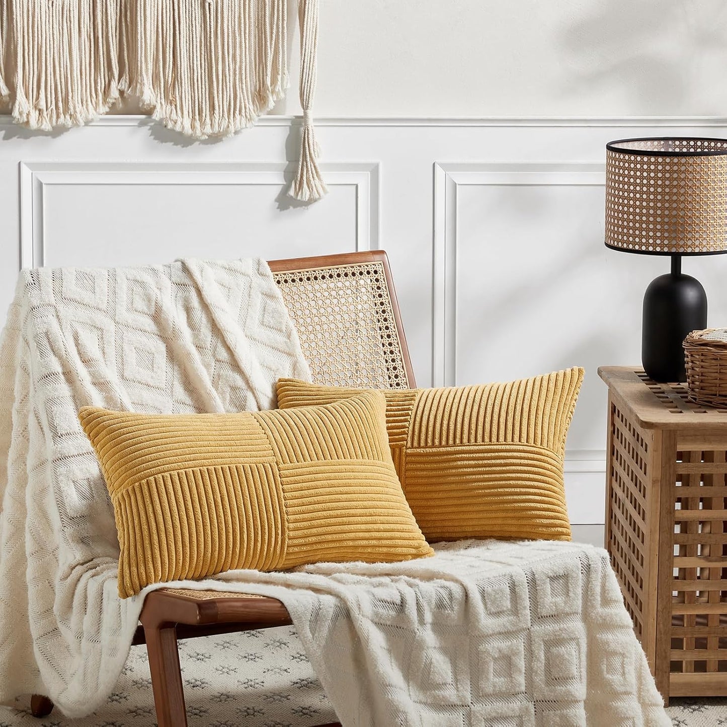 Fancy Homi 2 Packs Gold Yellow Lumbar Decorative Throw Pillow Covers 14x24 Inch for Couch Bed Sofa, Rustic Farmhouse Boho Spring Home Decor, Soft Striped Corduroy Rectangle Accent Cushion Case 35x60cm