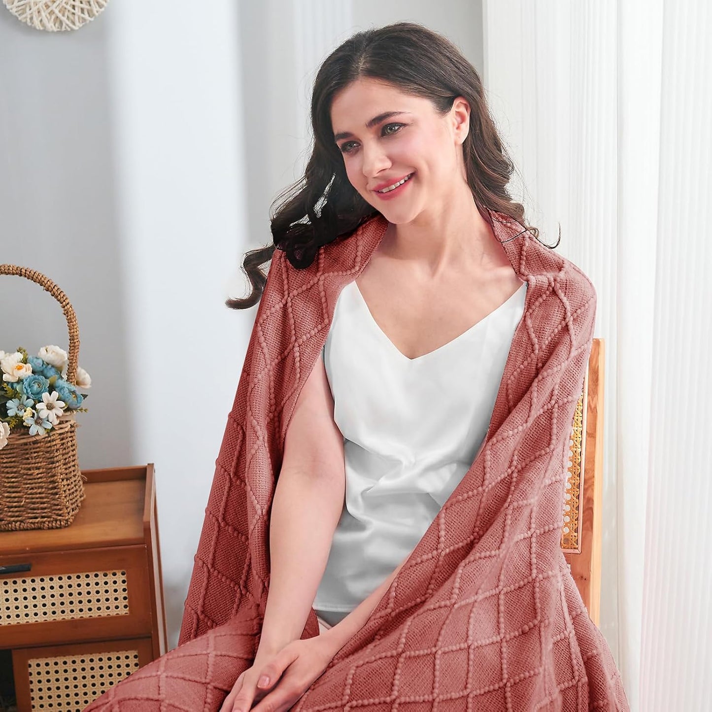 inhand Knitted Throw Blankets for Couch and Bed, Soft Cozy Knit Blanket with Tassel, Coral Pink Lightweight Decorative Blankets and Throws, Farmhouse Warm Woven Blanket for Men and Women, 60"x80"