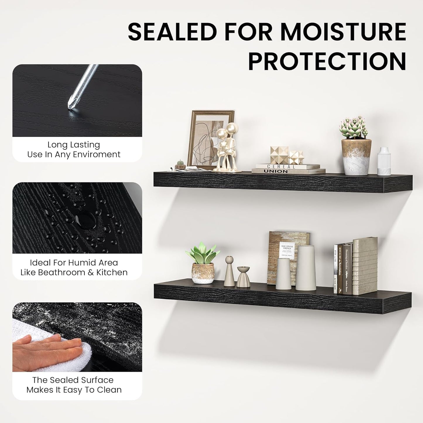 Floating Shelves for Wall, 48" W x 9.3" D x 1.5" H, Wooden Wall Mounted Display Shelves with Invisible Brackets for Living Room, Bedroom, Bathroom, Kitchen Decor and Storage, Set of 1, Black