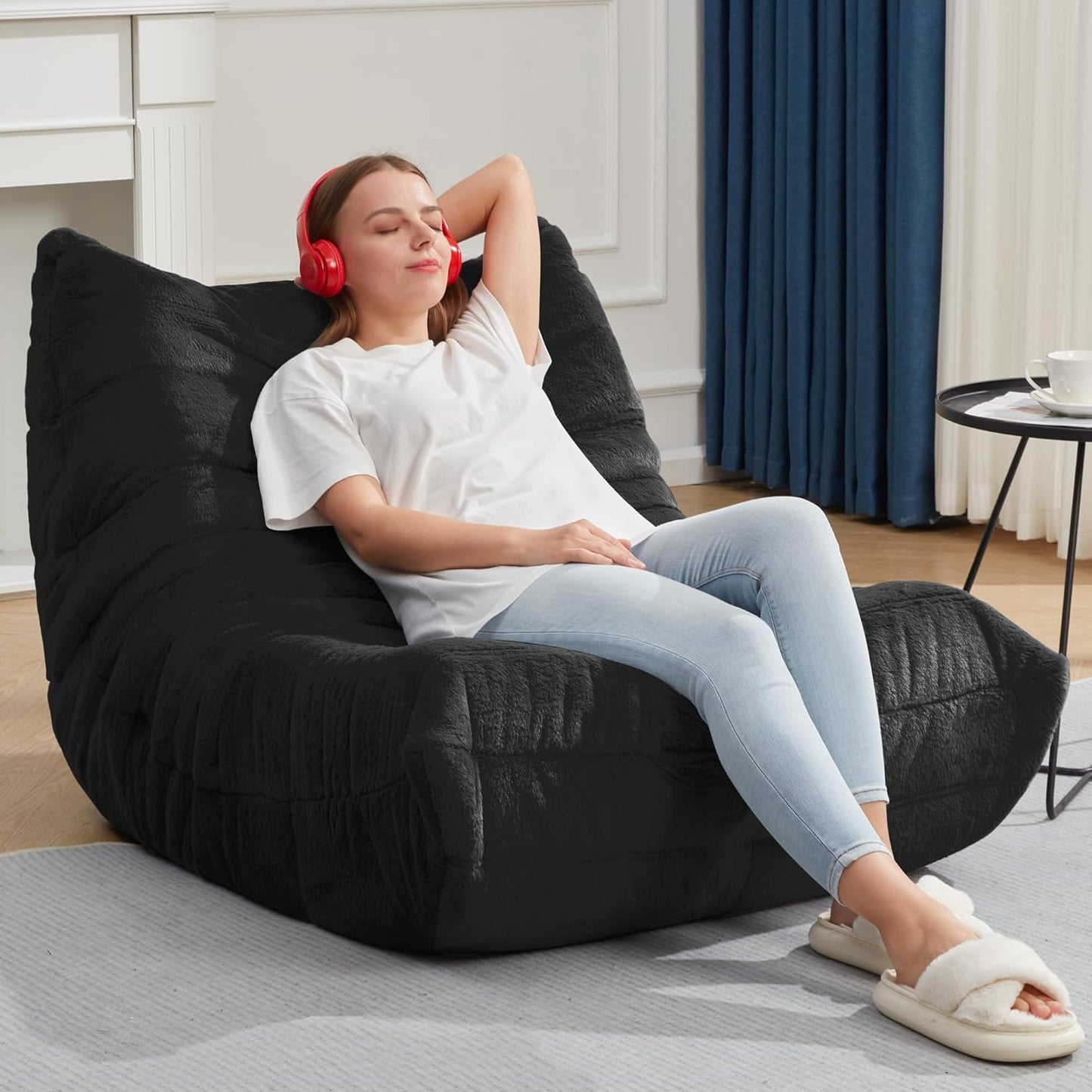 Bean Bag Chairs for Adults Giant Bean Bag Chair Memory Foam BeanBag Chair Big Bean Bag Sofa with Filler Faux Fur Fireside Beanbags Lazy Sofa for Living Room Bedroom Dorm Office (Black Plush)