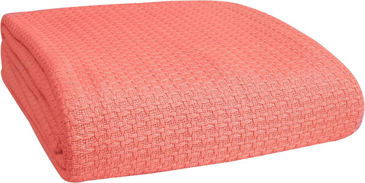 BELIZZI HOME 100% Cotton Bed Blanket, Breathable Bed Blanket Twin Size, Cotton Thermal Blankets Twin, Perfect for Layering Any Bed for All Season, Coral