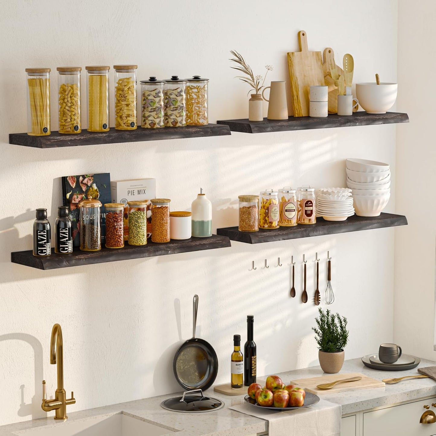 Wood Floating Shelves for Wall, 48 Inch Floating Shelves Wall Mounted, Rustic Live Edge Elm Wood Shelf for Home Decor, Heavy-Duty Storage Shelves for Books, Bathroom, Kitchen, Walnut Finish