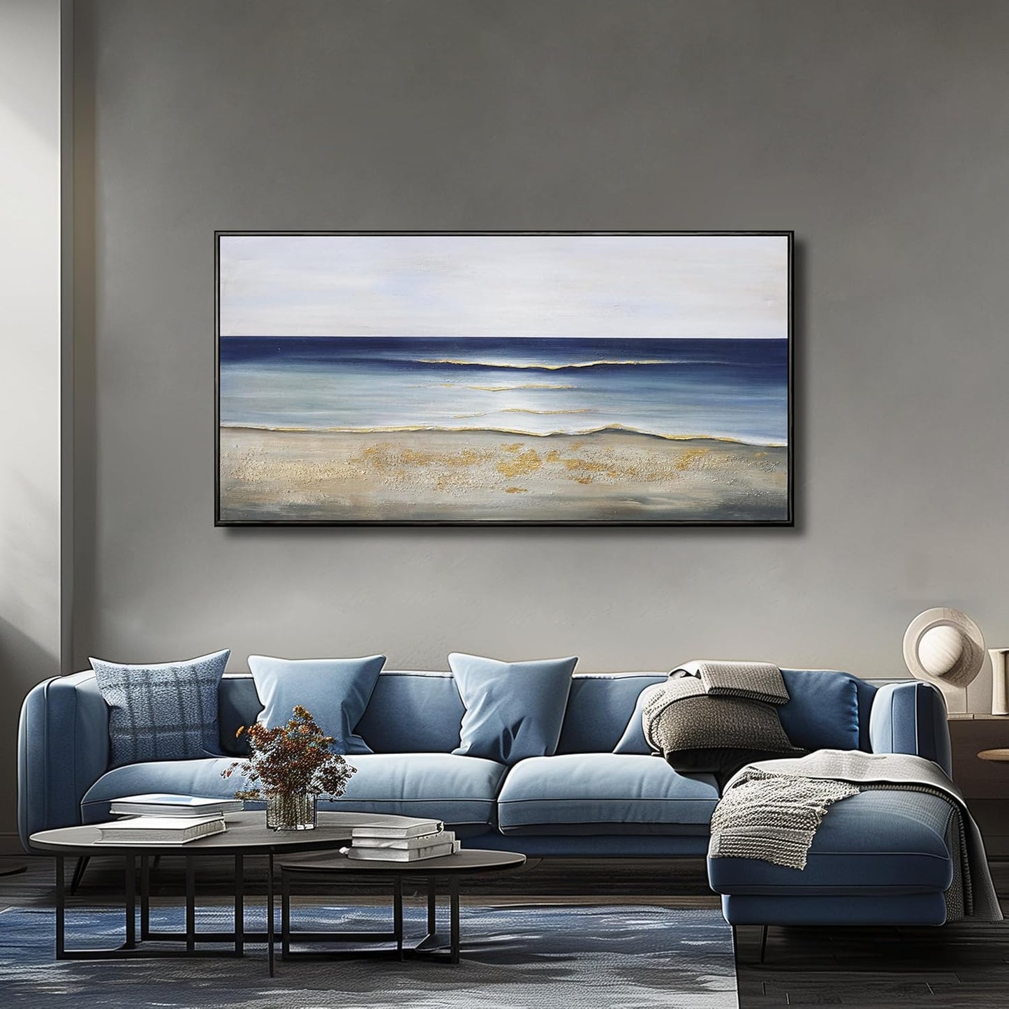 Yuaxker Ocean Wall Art Large Framed Wall Decor Blue and Gold Artwork Room Decor Aesthetic for Living Room Bedroom Dining Room Office Home Decor 30x60 Inch