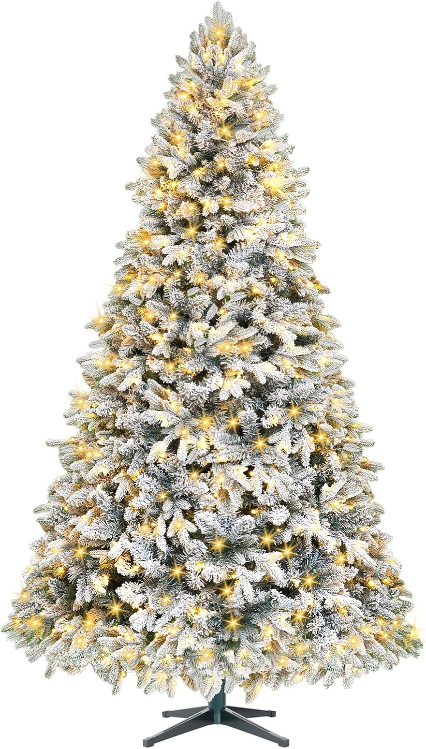 9ft Pre-Lit Snow Flocked Rotating Christmas Tree with 600 Multi-Color LED Lights, 2512 PE & PVC Tips - Realistic Artificial Tree for Holiday Decor