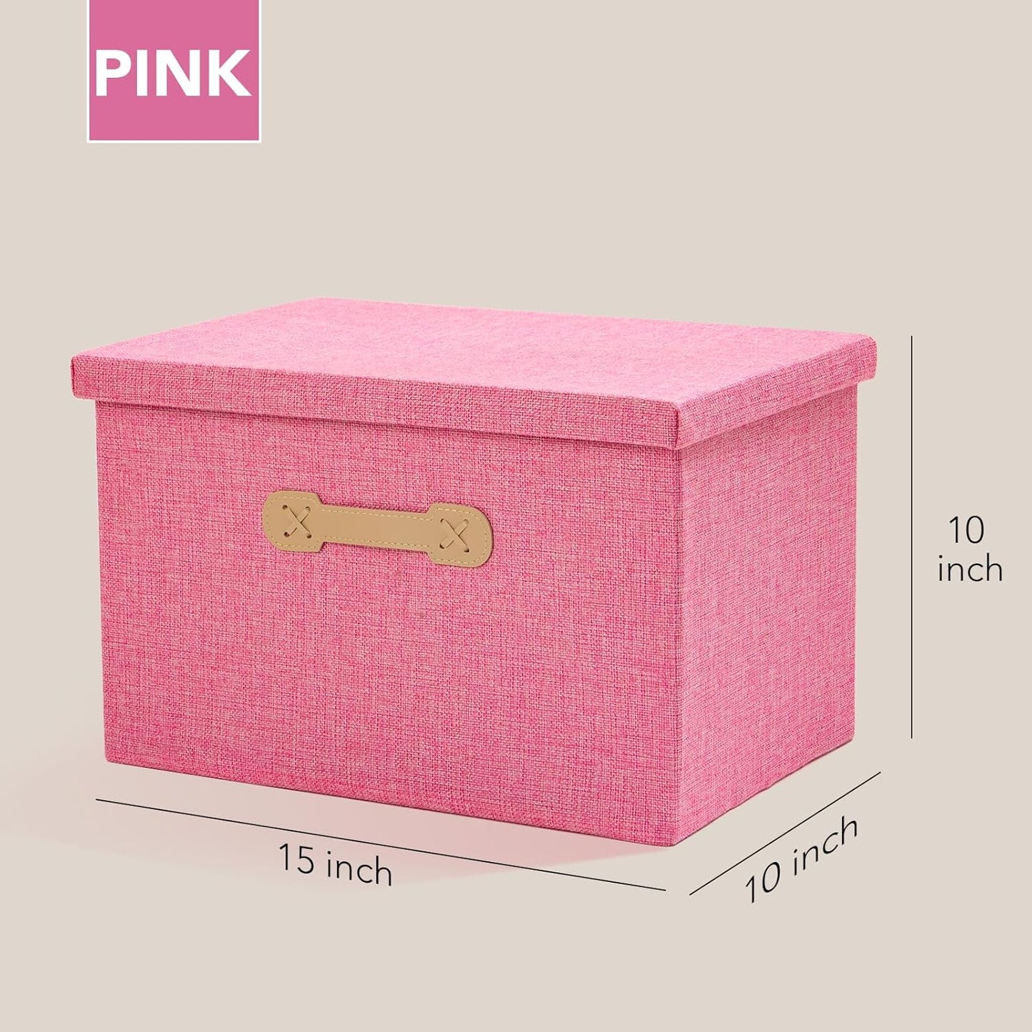 Enzk&Unity Decorative Storage Bins with Lids, Fabric Linen Foldable Storage Box with Handle Home Organizer for Shelf, Closet, Bedroom, Living Room, Office, 3 Packs, Pink
