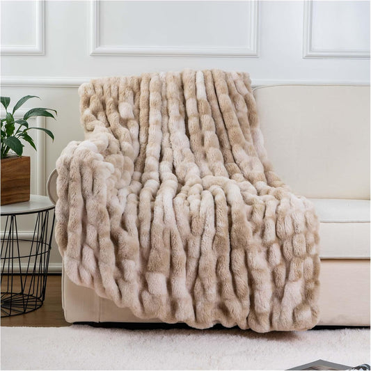 BATTILO HOME Ruched Luxurious Soft Beige Faux Fur Throw Blanket Fuzzy Plush Elegant with Reversible Mink Blanket for Sofa,Chair, Couch, Living Room, Home Decorative Blanket Tie dye (Beige, 50"x60")