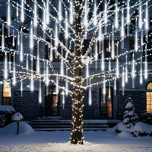 Meteor Shower Lights Christmas Lights Outdoor 24-Tube 576LEDs Snow Falling Rain Cascading Icicle Lights for Xmas Tree Christmas Decorations Wedding Party Holiday Garden Decor, UL Plug White