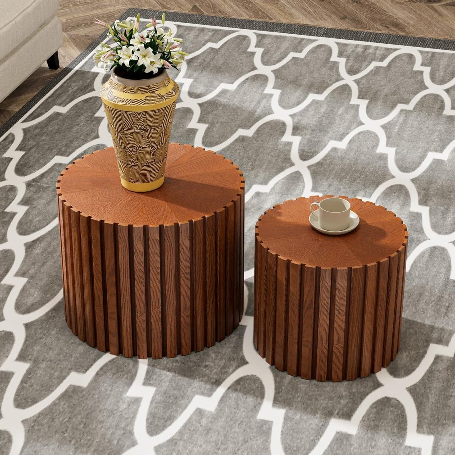 WXFKLDJ Round Nesting Coffee Table Set Cylindrical Wooden Coffee Table Sofa Center Table Circle Embossed Design Side Table for Living Room Apartment No Assembly (Striped Brown Small)