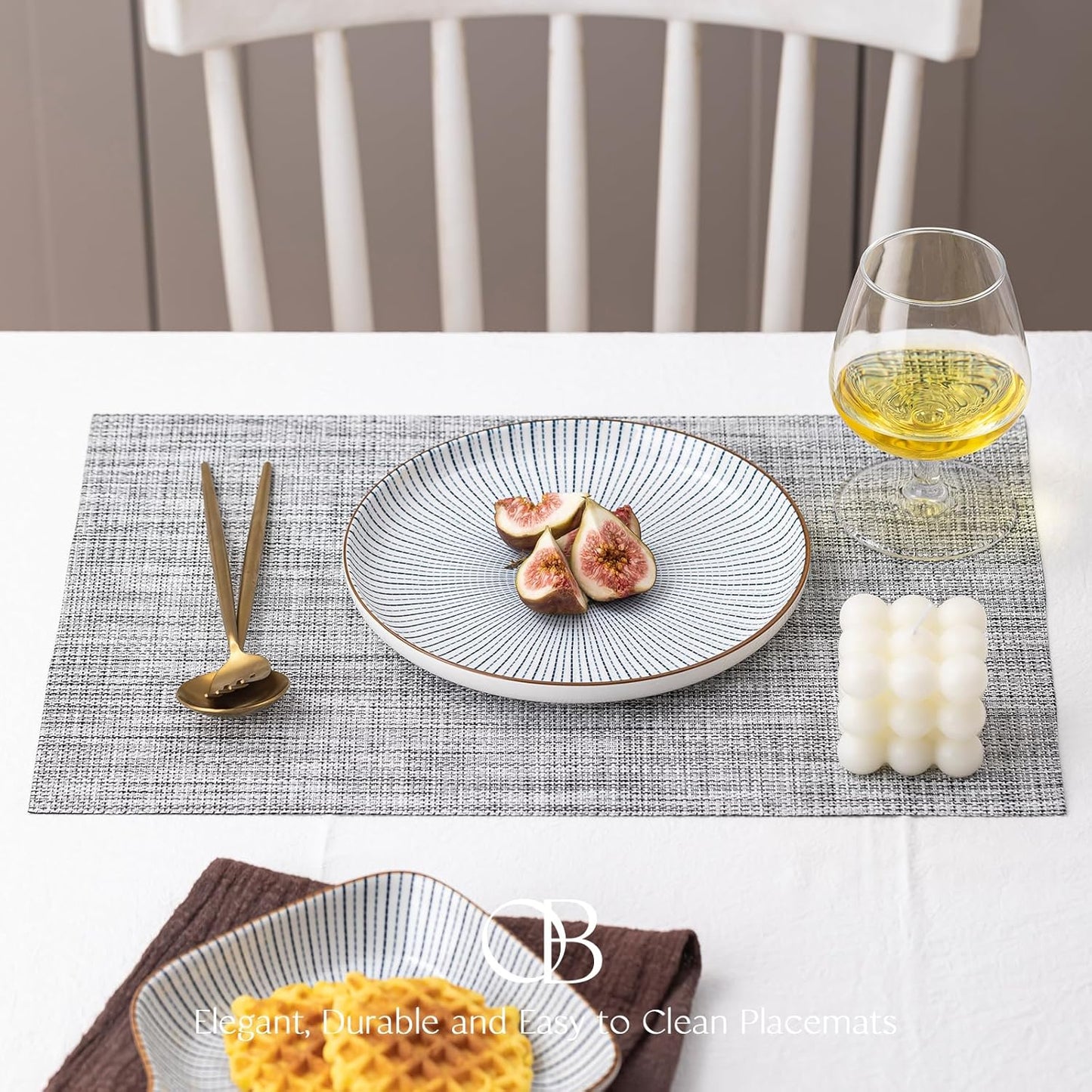 Placemats Set of 12 - Easy Clean Woven Vinyl Placemats for Dining Table, Indoor/Outdoor Place Mats, Washable PVC Table Mats（Gray）