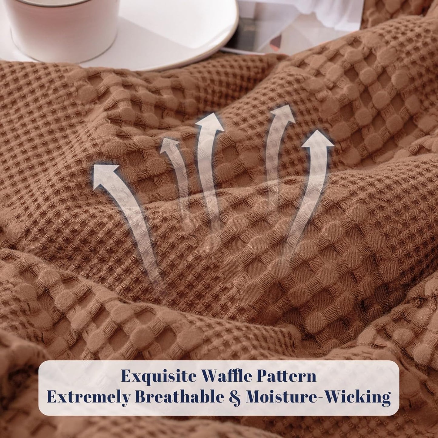 PHF Cooling Waffle Blanket Queen Size,Lightweight 60% Rayon Derived from Bamboo & 40% Cotton Breathable Blanket for Hot Sleepers, Soft and Luxury for Bed Couch and Sofa, 90"x90", Burnt Umber