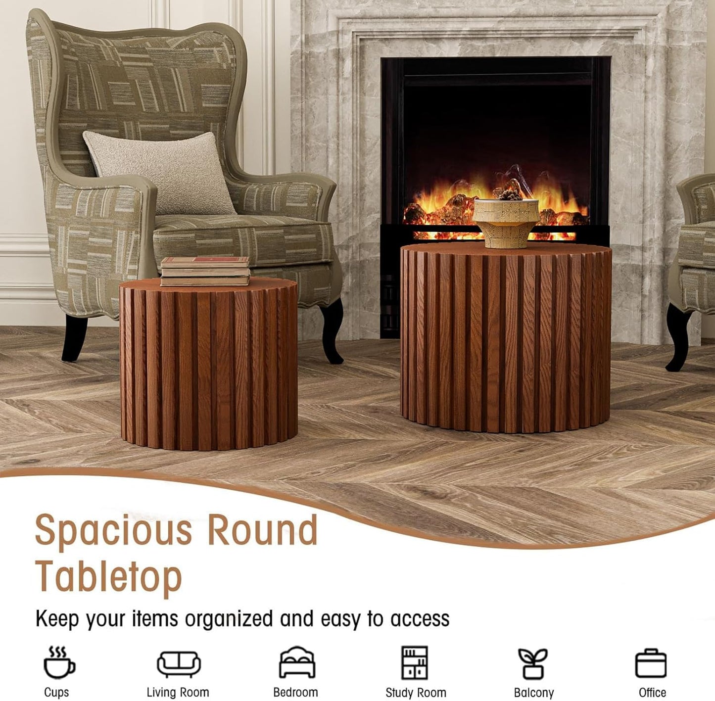 Round Coffee Table Set of 2, Nesting Coffee Table and End Table Set Small Circle Drum Side Table for Living Room Office, No Assembly (C Walnut Small)